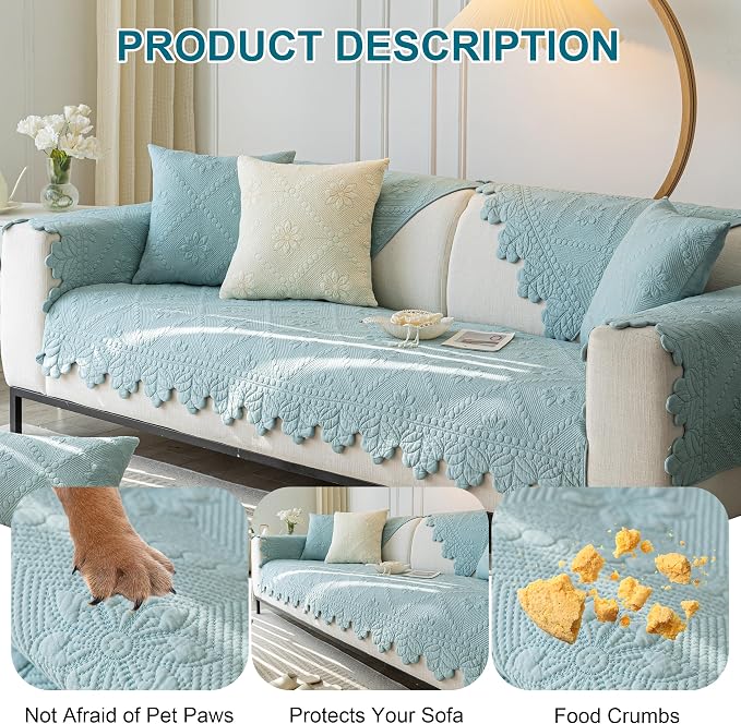 KRFOONN Cotton Quilted Dog Couch Cover for Sofa (Blue, 2PC 27.6" x 27.6") | Farmhouse Embroidery Sectional Couch Cover Washable, Soft Non Slip Sofa Slipcover Cushion Furniture Protector for Kids, Pets - Image 6