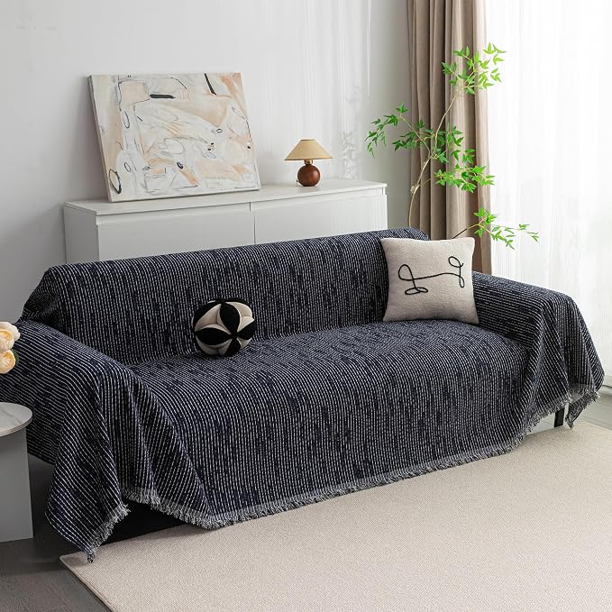 MYSKY HOME Loveseat Cover Navy Couch Cover Sectional Couch Covers for 2 Cushion Couch Sofa Thick Universal Chenille Sofa Cover with Tassel Durable Furniture Protector for Dogs 91" x 118" by MYSKYHOME