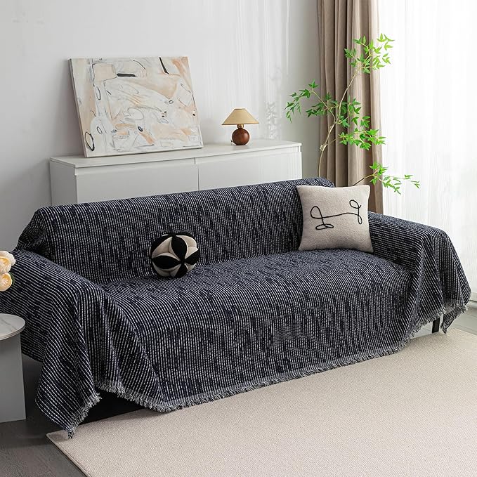 MYSKY HOME Couch Covers for 2 Cushion Couch Sectional Sofa, L Shape Sofa Protector Navy Chenille Couch Cover, Sofa Covers Washable Blanket with Tassel Pet Couch Cushion Cover, 71"X102" by MYSKYHOME