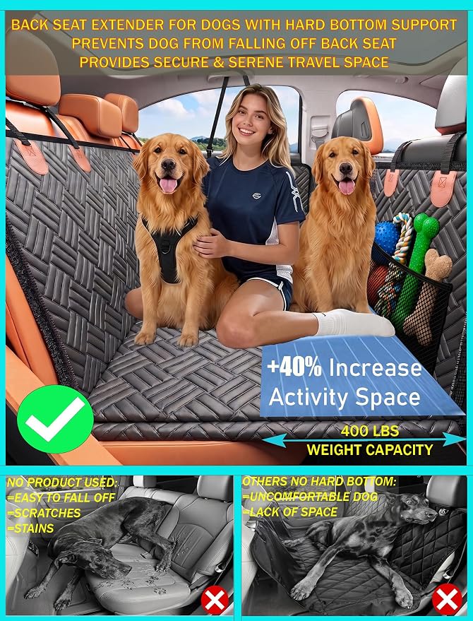 Dog Car Seat Cover for Back Seat with Hard Bottom, PU Leather Back Seat Extender for Dogs, Waterproof Dog Hammock Holds 400 lbs, Anti-Scratch Nonslip Universal Fit Pet Seat Protector, - Image 2