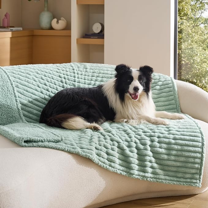 Bedsure ComfyFleece™ Waterproof Dog Blankets for Large Dogs,50x60 | Soft Plush Couch Cover,Washable Corduroy Fleece for Furniture Protector,Cozy Calming Reversible Pet Blanket, Garden Green by BEDSURE