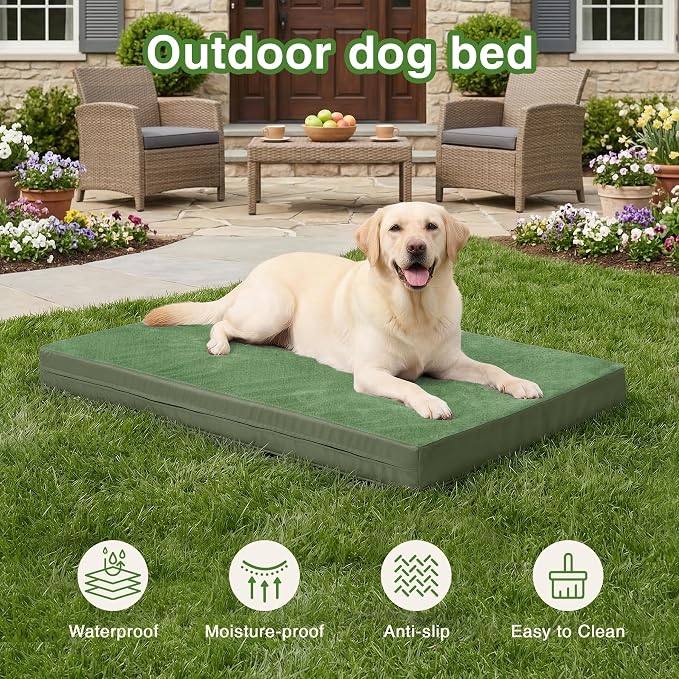 Waterproof Extra Large Dog Bed Washable Outdoor Orthopedic XL Crate Pad 42" | Reversible Wipeable Faux Leather & Soft Flannel, Durable Foam Pet Bed, Removable Cover,Anti-Slip Kennel Pad 41"x27" Green - Image 3