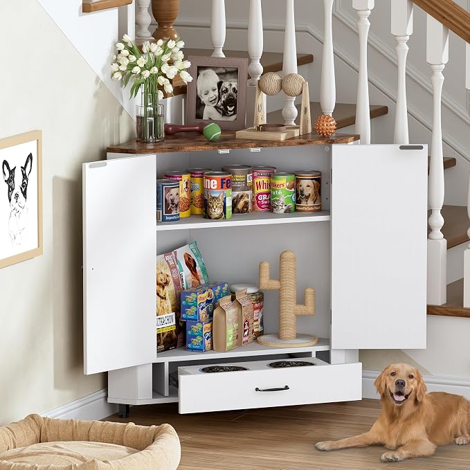 PakaLife Farmhouse Dog Food Storage Corner Cabinet, Dog Feeding Station with 2 Hidden Bowls, Adjustable Panel, 4 Hooks, Pet Feeding Station Corner Cabinet for Medium, Small Sized Dogs - Image 6