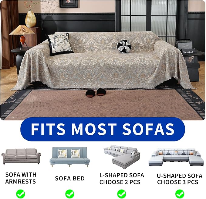 Vintage Couch Covers for Sofa Washable Sofa Covers for 3 Cushion Couch Non Slip Couch Covers for sectional Sofa Chenille Jacquard Furniture Protector for Dogs Pet Friendly Grey, 91"x134" - Image 6