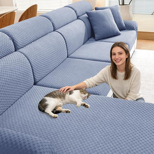 YEMYHOM Couch Cushion Covers for Sofa, Stretch Sectional Couch Seat Cushion Covers Washable Thick Furniture Protector Sofa Slipcovers for Pets (3 Seater + 1 Chaise, Light Blue) by YEMYHOM