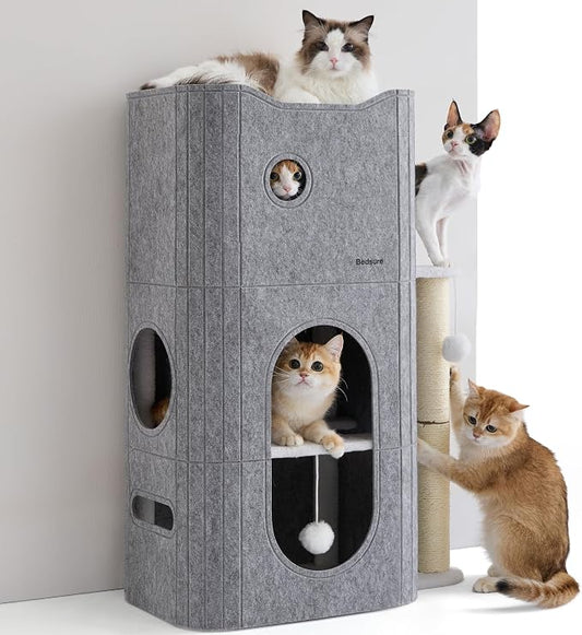 Bedsure 3-Level Cat Tree for Indoor Cats with Scratching Post,Grey | 22.5x31.5x13in,Cat Bed Condo for Multiple Pets with Fluffy Ball,Hideaway Cave for Kitten to Sleeping Play by Unknown