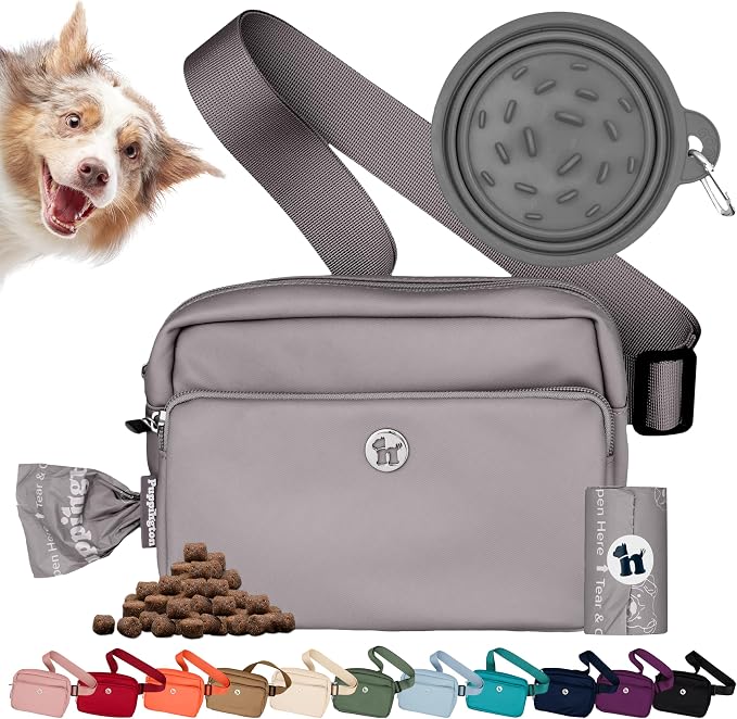 Puppington 3-in-1 Crossbody & Dog Treat Pouch for Pet Training - Matching Compostable Poop Bags, Built-In Poop Bag Dispenser & Slow-Feeding Travel Dog Bowl - Dog Walking Bag (Charcoal Gray) by Puppington
