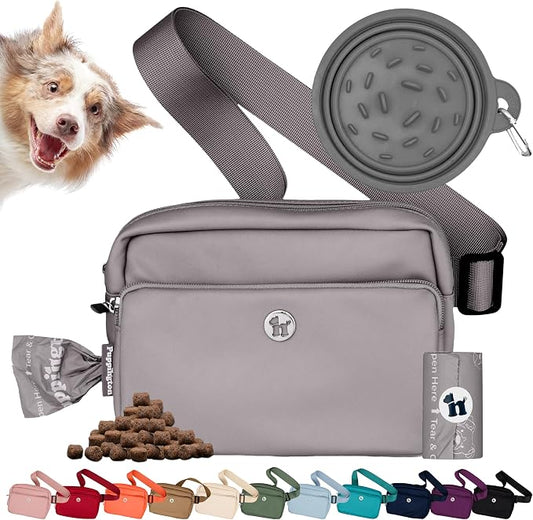 Puppington 3-in-1 Crossbody & Dog Treat Pouch for Pet Training - Matching Compostable Poop Bags, Built-In Poop Bag Dispenser & Slow-Feeding Travel Dog Bowl - Dog Walking Bag (Charcoal Gray) by Puppington