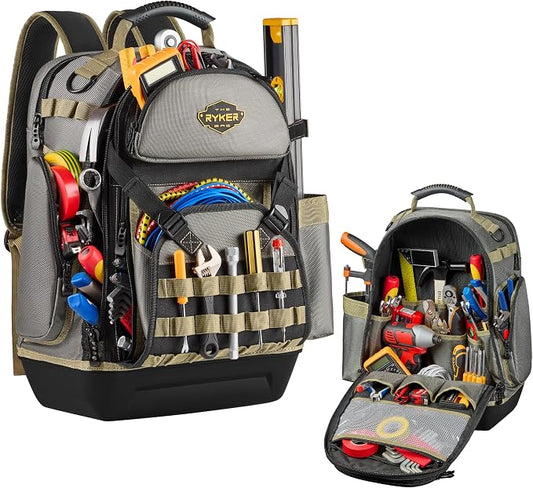 Ryker Tool Backpack Heavy Duty Organizer. Contractor & Electrician Tool Bag | 43-Pocket Back Pack w/ Hard Bottom. Tool Box for Men HVAC Technician Plumber & Electrician Tools. Jobsite Gear Organization by TheRykerBag