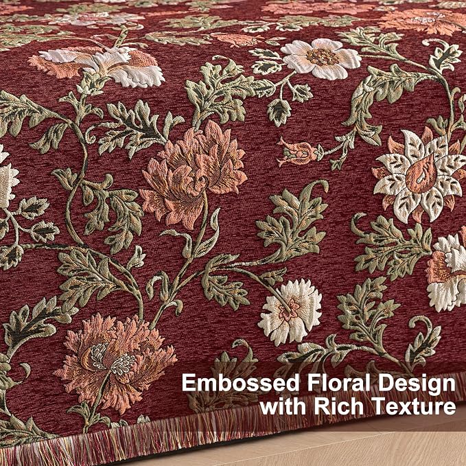 Loom and Mill Luxury Floral Jacquard Sofa Couch Covers, Rust Red, 71"x118" | Rustic Chenille Sofa Throw Cover with Tassels for 2-3 Cushion Couch, Sectional Couch Cover Sofa Slipcover for Dogs Pets - Image 4