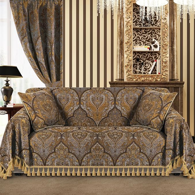 Loom and Mill Luxury Jacquard Sofa Couch Covers, Bronze Gold, 71"x118" | Classic Antique Sofa Throw Cover with Tassels for 2-3 Cushion Couch, Sectional Couch Cover Sofa Slipcover for Dogs Pets - Image 2