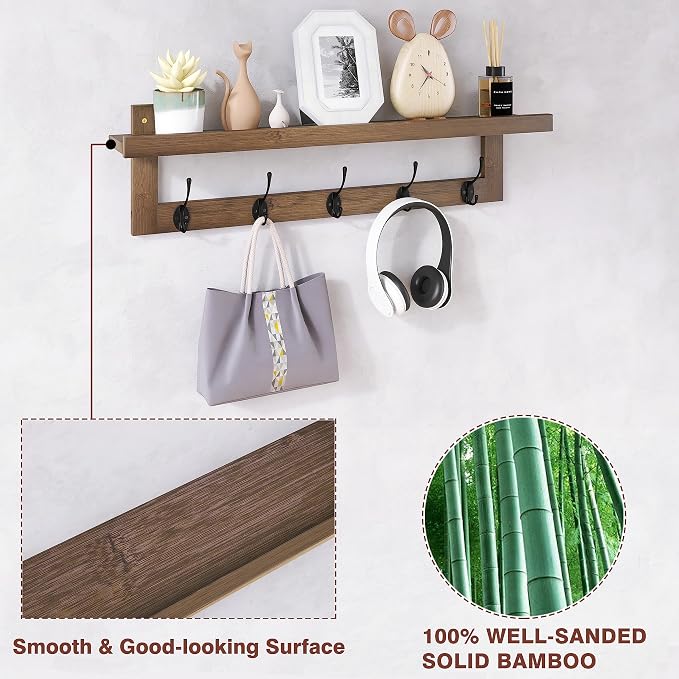 SMIBUY Coat Hooks with Shelf Wall-Mounted, 29.2 Inch Entryway Coat Rack for Wall, Bamboo Hanging Shelf with 5 Double Metal Hooks for Bathroom, Bedroom, Kitchen, Living Room, Mudroom (Walnut) - Image 7