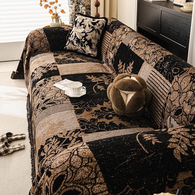 STACYPIK Vintage Floral Couch Cover, Patchwork Pet Sofa Cover, Brown Camel | Soft Thick Washable, 71x134in, Farmhouse, Sofa Cover for 3 Cushion Couch with Tassels, Jacquard Couch Protector for Sectional - Image 9