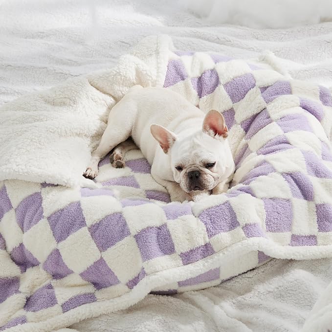 LE SURE Waterproof Dog Blankets for Medium Dogs Cute 3D Jacquard,30x40 | Puppy Blanket for Cat Aesthetic Gift, Warm Soft Sherpa Throw Washable, Reversible Pet Couch Protector, Lavender Checks - Image 9