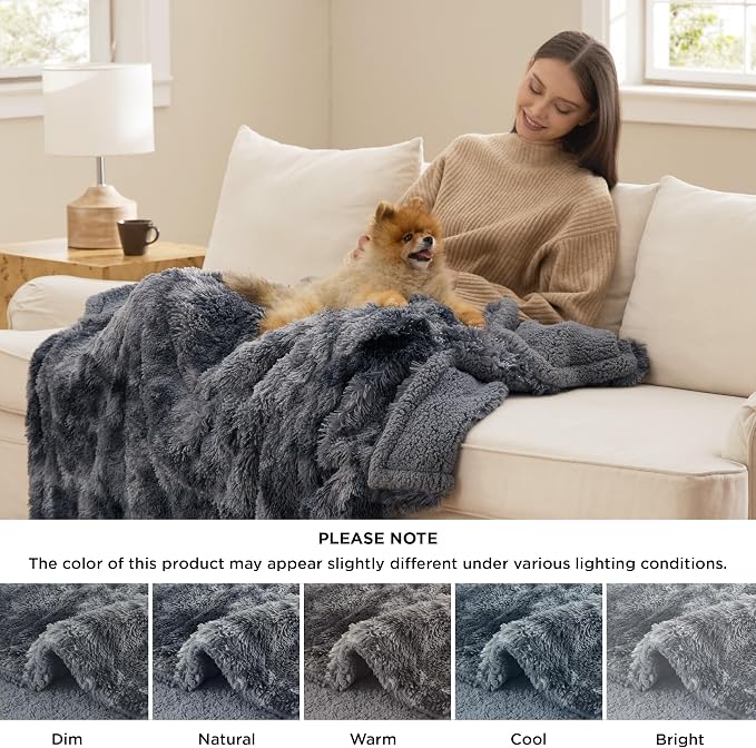 Bedsure Waterproof Dog Blankets for Large Dogs, Fluffy Faux Fur, 60×80" | Plush Fuzzy Reversible Pet Blankets for Couch and Bed, Soft Calming Throw Blanket Washable, Dog Gift, Twin Size,Tie-dye Grey - Image 4