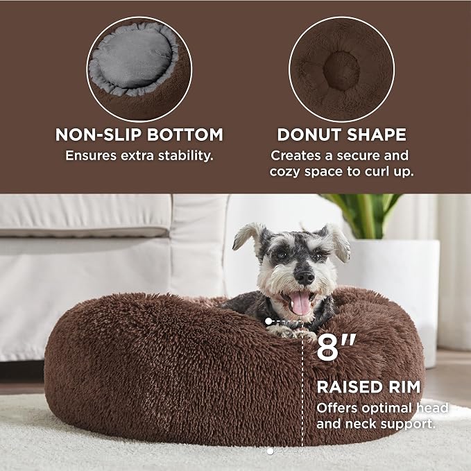 Bedsure Calming Small Dog Bed Donut Washable Cat＆Puppy Bed,23 inches Coffee | Fluffy Faux Fur Round Cuddler,Machine Washable,Anti-Slip Bottom,Anti-Anxiety,Deep Sleeping for Large Cat & Pets Up to 25 Lbs - Image 3