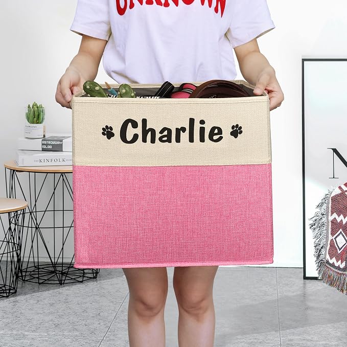 PET ARTIST Large Dog Toy Basket, Custom Toy Bin Box Personalized with Pet's Name, Collapsible Pet Storage Baksets With Handle for Toys,Blankets,Accessories- Pink - Image 2