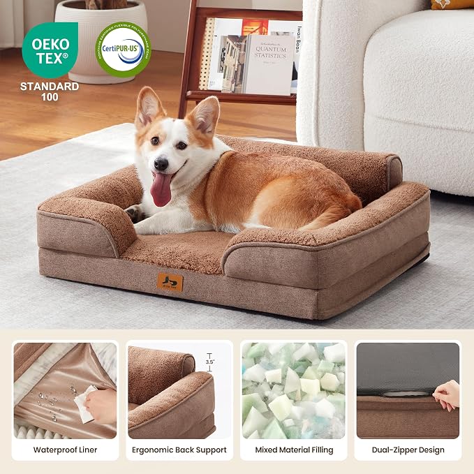 Orthopedic Dog Beds for Medium Size Dogs, Waterproof Egg-Crate Foam Pet Couch Bed with Soft Sides, Non-Slip Dog Sofa with Fleece Removable Washable Cover, 28" L Supportive Pet Sofa, Brown - Image 2