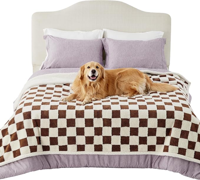 LE SURE Waterproof Blanket for Bed Cute Cozy 3D Jacquard, Twin（60x80） | Dog Blankets for Large Dogs, Pet Aesthetic Gift, Warm Soft Sherpa Throw, Reversible Couch Protector, Brown Checks - Image 7