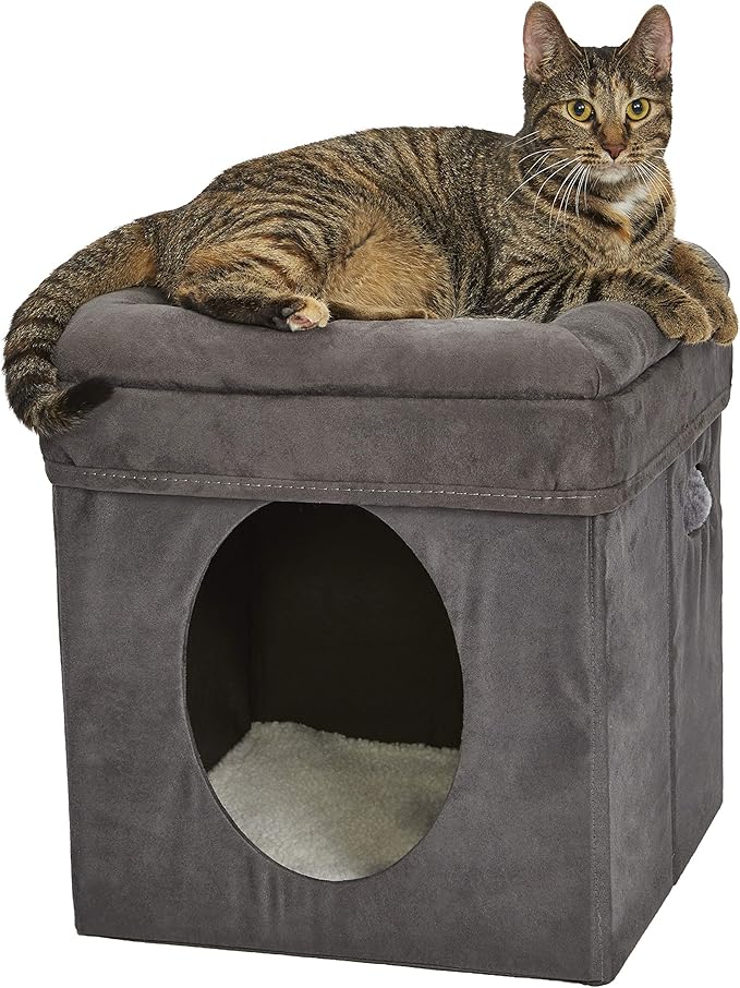 MidWest Homes for Pets Cat Cube, 15.5 x 15.5 x 16.6 Inches, Foldable Cat Hideout with Toy, Bolstered Bed Top, Faux Gray Suede, Synthetic Sheepskin Bedding by MidWestHomesForPets
