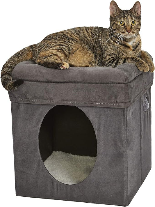 MidWest Homes for Pets Cat Cube, 15.5 x 15.5 x 16.6 Inches, Foldable Cat Hideout with Toy, Bolstered Bed Top, Faux Gray Suede, Synthetic Sheepskin Bedding by MidWestHomesForPets