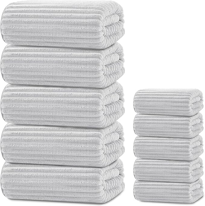 Extra Large Bath Towel Set 10 Piece, XL Bath Towels 35"x67" Oversized Bath Sheets, 280 GSM Microfiber Quick Dry Absorbent Towels, 5 Bath Sheets & 5 Hand Towels (Light Gray) by Tewloss