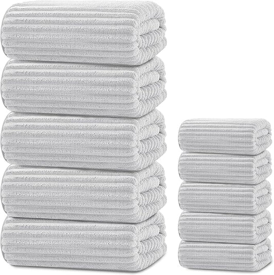 Extra Large Bath Towel Set 10 Piece, XL Bath Towels 35"x67" Oversized Bath Sheets, 280 GSM Microfiber Quick Dry Absorbent Towels, 5 Bath Sheets & 5 Hand Towels (Light Gray) by Tewloss