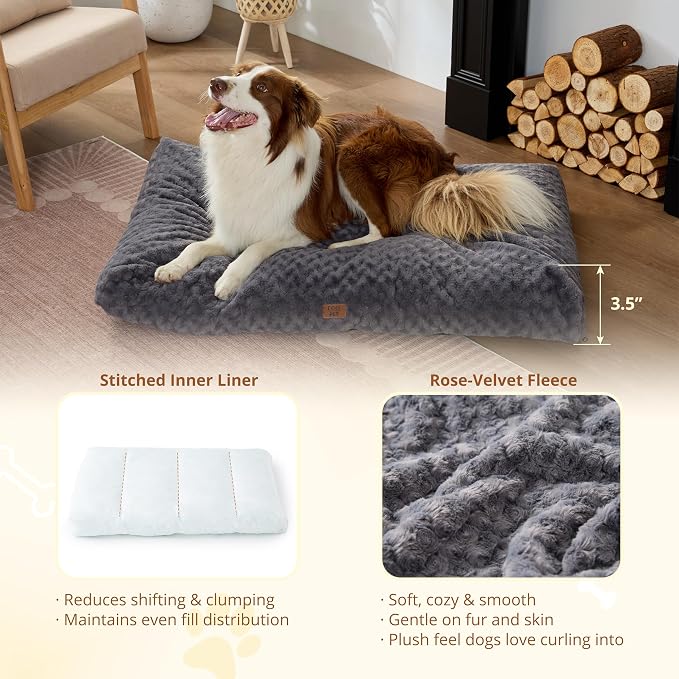EGOHOME Dog Bed for Large Dogs, Shredded Memory Foam, Washable, Non-Slip | Balanced Support Foam, CertiPUR-US, Removable Washable Cover, Rose Velvet, Dog Crate Bed & Kennel Pad, 35 x 23 Inch, Gray - Image 2