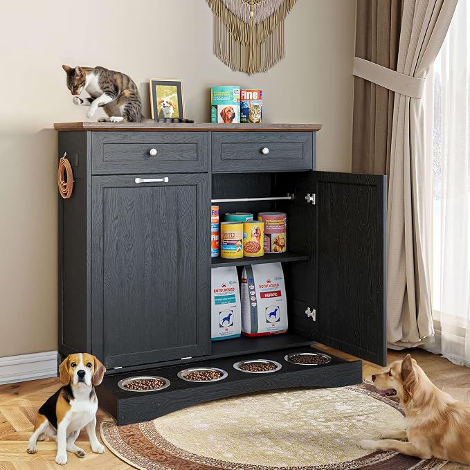 FIMELLO 39.7’’W Dual Doors Dog Food Storage Cabinet, Tilt-Out Dog Feeding Station with 4 Feeding Bowls, Pet Feeder Cabinet, Black Grain - Image 5