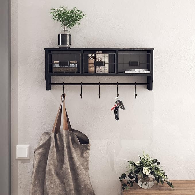 HBCY Creations Wall Mounted Shelf with Coat Hooks and Baskets, Solid Wood Entryway Organizer Wall Shelf with Hooks - Hang Coats, Keys or Coffee Mugs, Rustic Blackwash 24" Wide by HBCYCreations