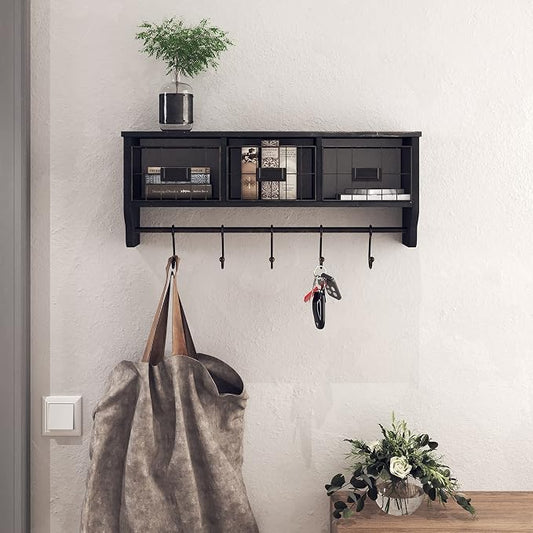HBCY Creations Wall Mounted Shelf with Coat Hooks and Baskets, Solid Wood Entryway Organizer Wall Shelf with Hooks - Hang Coats, Keys or Coffee Mugs, Rustic Blackwash 24" Wide by HBCYCreations