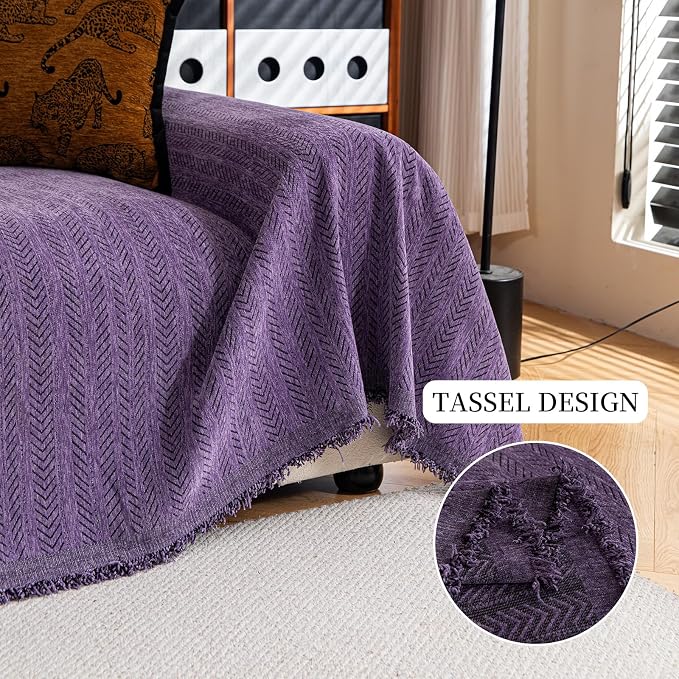 Sofa Covers for 3 Cushion Couch Seat, Loveseat Non Slip Couch Cover Chenille Strip Couch Throw Blankets with Tassels, Sectional Sofa Slipcovers Furniture Protector for Pets, Kids 71"x134", Purple - Image 3