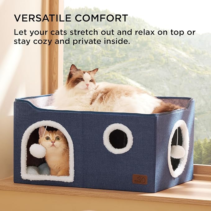 Bedsure Extra Wide Cat House Bed with Fluffy Ball and Scratch Pad,Blue | 23.6x16.9x13 in,Indoor Cat Cave for Multiple Pets, Foldable Cat Hideway Cube for Sleeping Large Cat and Kitten - Image 3