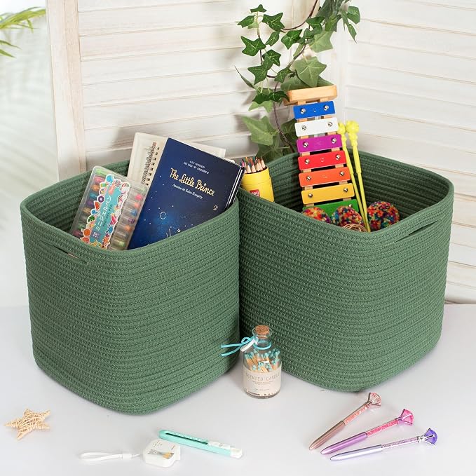 MINTWOOD Design 3-Pack 11x11 Inch Cube Storage Bin, Woven Storage Cube Organizer, Closet Organizer, Cute Square Storage Bins, Decorative Classroom Bathroom Pantry and Shelf Baskets, Green - Image 6
