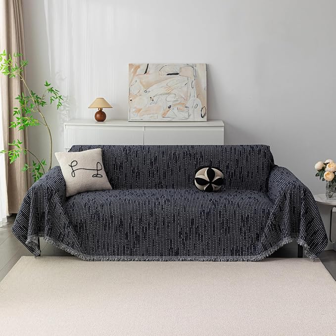 MYSKY HOME Loveseat Cover Navy Couch Cover Sectional Couch Covers for 2 Cushion Couch Sofa Thick Universal Chenille Sofa Cover with Tassel Durable Furniture Protector for Dogs 91" x 118" - Image 2