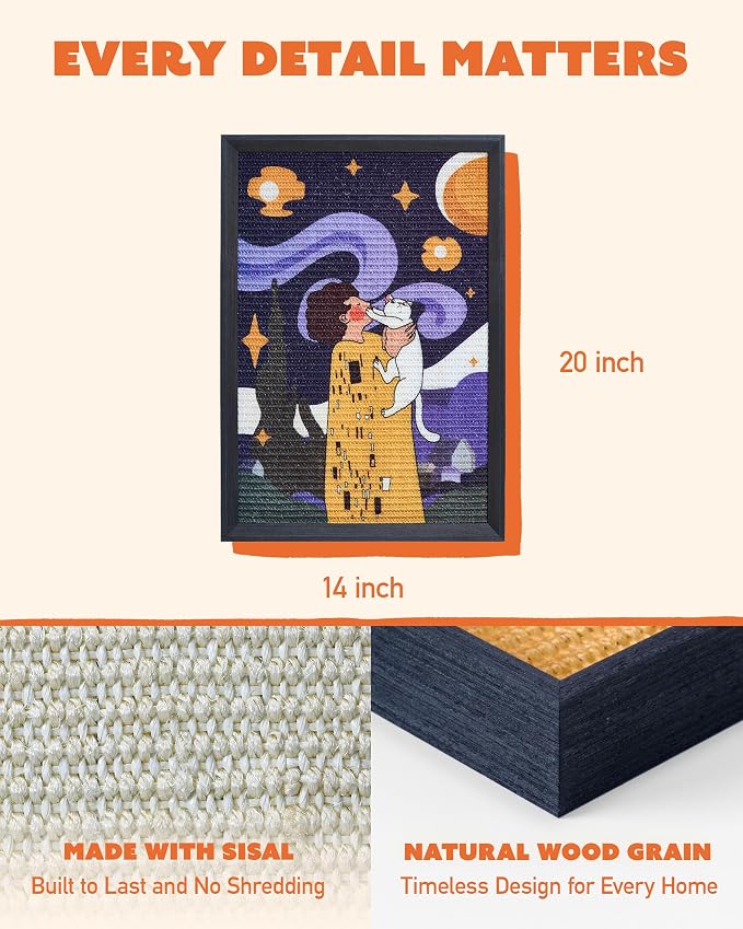 Decorative Wall Art Cat Scratcher for Vertical Scratching, 14"x20" Framed Sisal Scratch Pad Mat with Renter-Friendly No-Drill Wall Mounted Setup, Durable Alternative to Cardboard (Not the Kiss) - Image 3