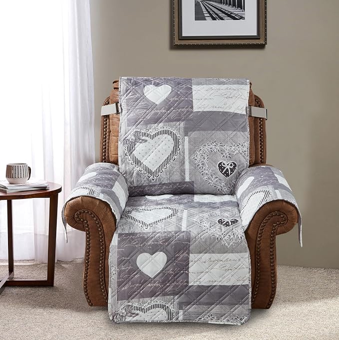 Brilliant Sunshine Grey Heartlove Patchwork Couch Recliner Cover, 28" seat | Non Slip Sofa Cover, Quilted Furniture Protector, Large Washable Reclining Chair Slipcover for Pets, Dogs & Cats - Image 2