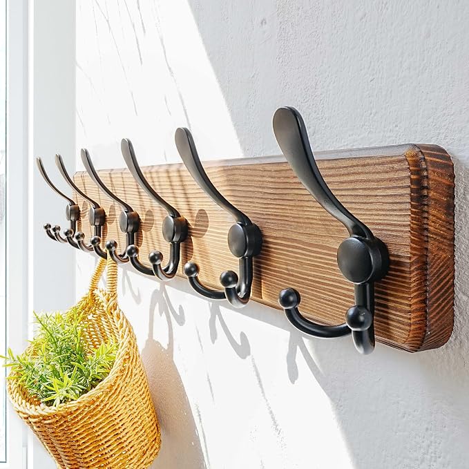 Dseap Coat Rack Wall Mounted - 24" Long 6 Tri Hooks, Heavy Duty Wooden Wall Coat Hanger Coat Hook for Clothes Hat Jacket Clothing, Natural and Black - Image 2