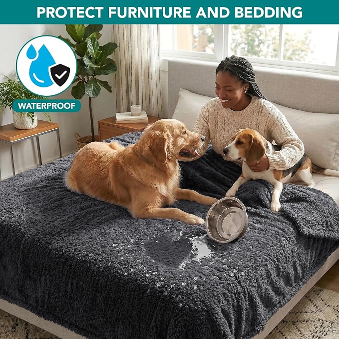 PetAmi Fluffy Waterproof Dog Blanket for Couch and Bed, Reversible Sherpa Pet Throw, Pee Proof Furniture Protector Sofa Cover, Washable Cat Blanket for Medium Large Dogs and Cats (Grey, 60x80) - Image 3