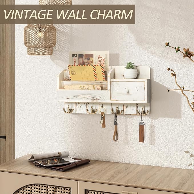 Rebee Vision Key Holder Wall Mount with Drawer for Room Decor, Whitewash | Pine Wood Farmhouse Key Holder for Wall, with 7 Hanging Hooks, Letter Organizer, Ideal Farmhouse Home Decor Solution - Image 6