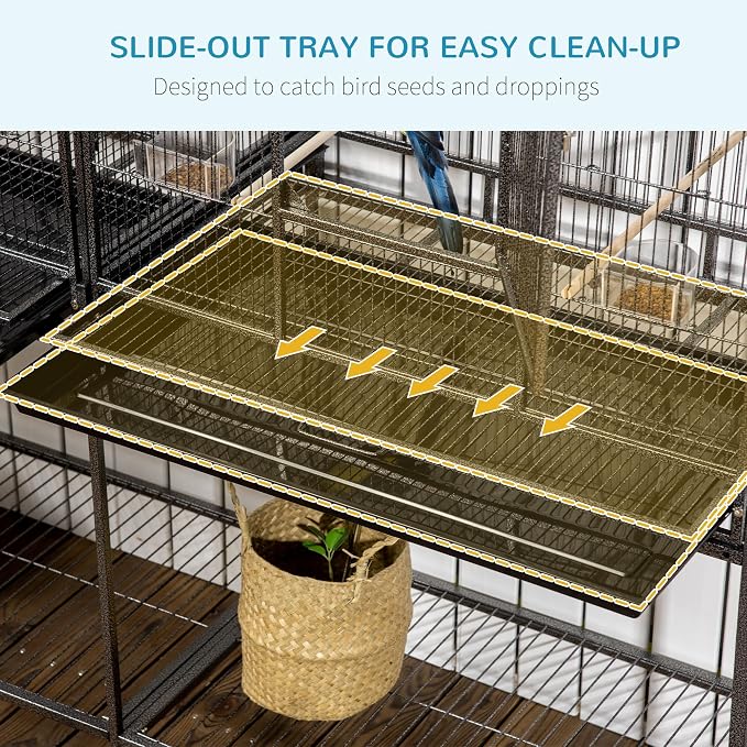 PawHut 65" Double Rolling Metal Bird Cage with Divider, Large Parrot Cage for Parakeet, Canaries, Lovebirds, Budgie, Finch, with Detachable Rolling Stand, Storage Shelf, Wood Perch & Food Container | for Parakeet, Canaries, Lovebirds, Budgie, Finch, De... - Image 3