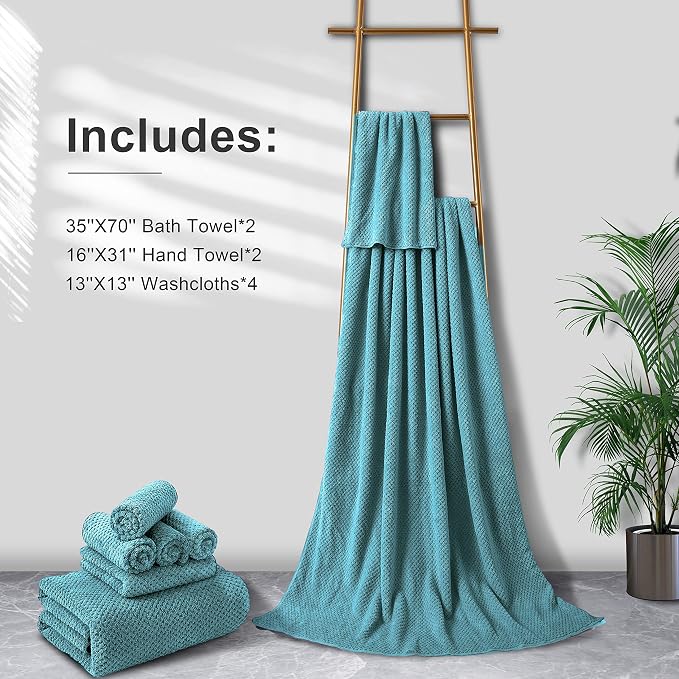 Smuge 8-Piece Turquoise Bath Towel Set, 2 Extra Large Bath Towel Sheets, 2 Hand Towels and 4 Washcloths - Highly Absorbent Quick Dry Microfiber,Ultra Soft Towel Set for Bathroom, Waffle Weave Design - Image 6