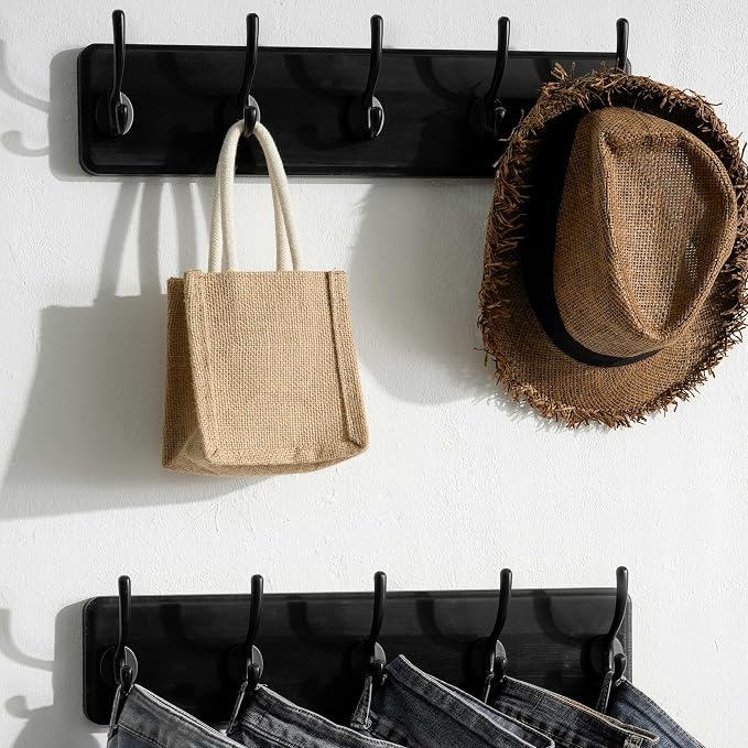 SKOLOO Rustic Wall Mounted Coat Rack, Pine Solid Wood Coat Hook Hanger - 5 Hooks for Hanging Clothes Robes Towels Coats - Image 4