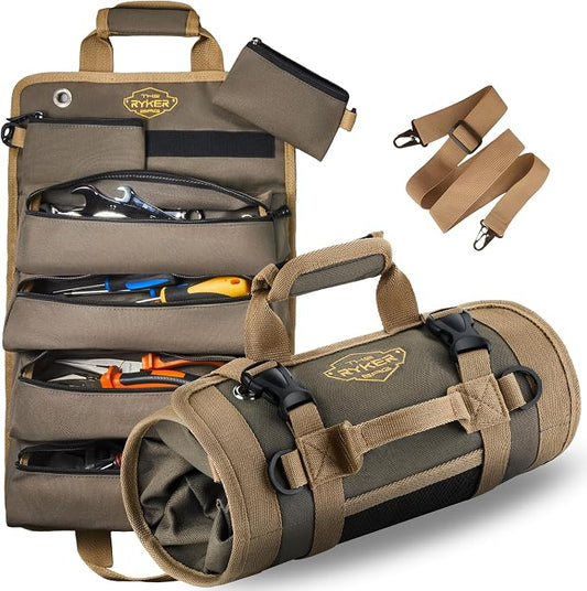 Ryker Heavy Duty Roll Up Tool Bag Organizer w/Detachable Pouches, Khaki | Tool Roll Up Bag Tool Box Organization. Portable Truck & Motorcycle accessories. Rollup Tools Bags for Mechanic & Electrician by TheRykerBag