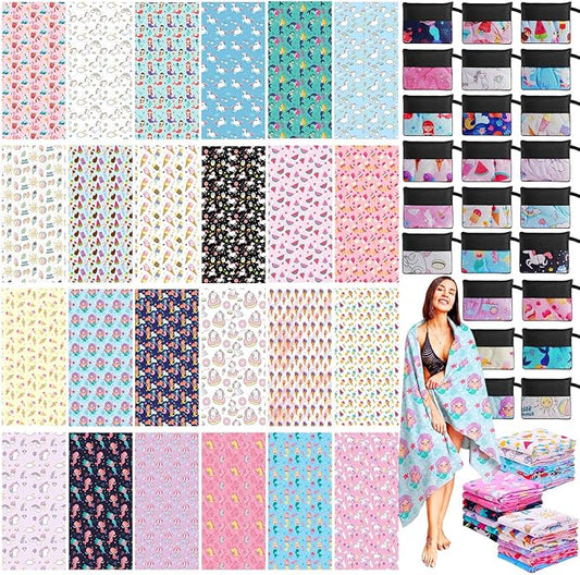 Peryiter 48 Pcs Microfiber Beach Towel with Bags Bulk, 24 Large Quick Dry Pool Towels and 24 Storage Bags, 28 x 55 Inch Ice Cream Mermaid Blanket for Beach Swimming Summer Party Camping Travel Women by Peryiter