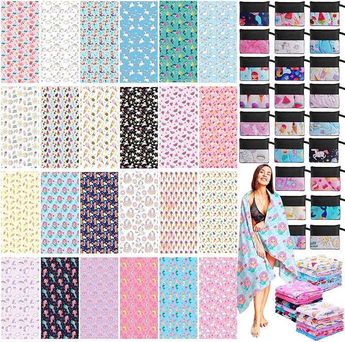 Peryiter 48 Pcs Microfiber Beach Towel with Bags Bulk, 24 Large Quick Dry Pool Towels and 24 Storage Bags, 28 x 55 Inch Ice Cream Mermaid Blanket for Beach Swimming Summer Party Camping Travel Women by Peryiter