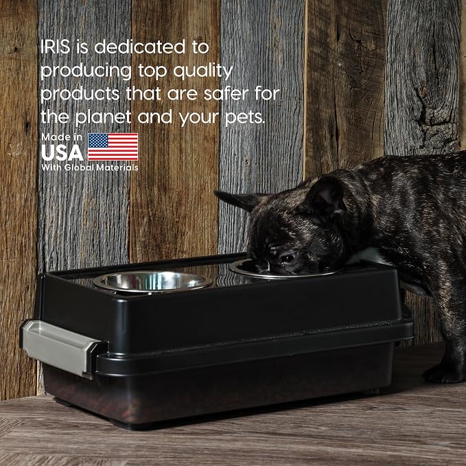 IRIS USA Elevated Dog Bowls with Storage, 6" H Raised Feeding Station, Dog Bowl Stand with Airtight Food Storage Holds 5 lbs, 4 Removable 16 oz Stainless Steel Food and Water Bowls, Smoke/Black - Image 4