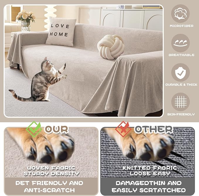MYSKY HOME Couch Cover Sofa Covers for 3 Cushion Couch, Ultra - Soft Dog Couch Covers Protector for Sectional Sofa, Non Slip Sofa Slipcover Furniture Protector for Pet, 91" x 118", Oat - Image 3