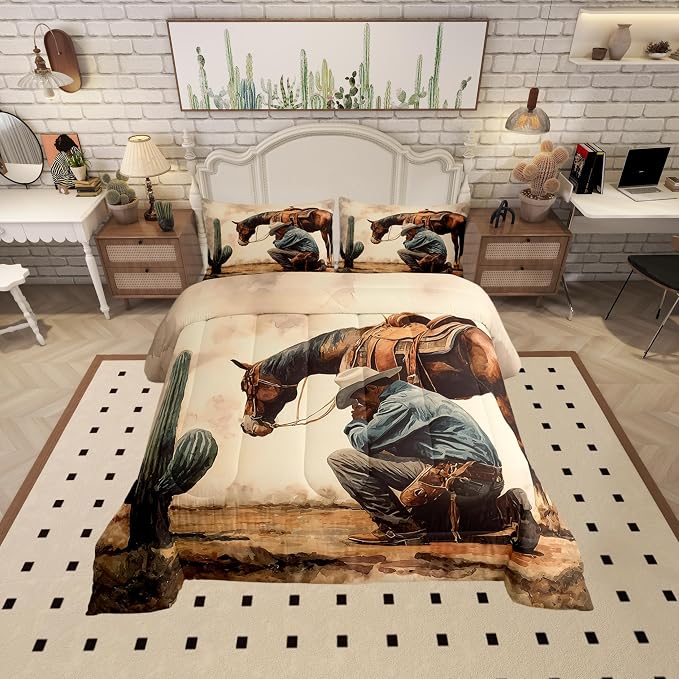 Manfei Western Horse Cowboy Comforter Sets Queen Size,Southwest Desert Cactus Bedding Comforter for Kids Boys,Rustic Farmhouse Style Quilt Sets for Bedroom Decor,Duvet Insert,2 Pillowcase,Beige Brown by Manfei