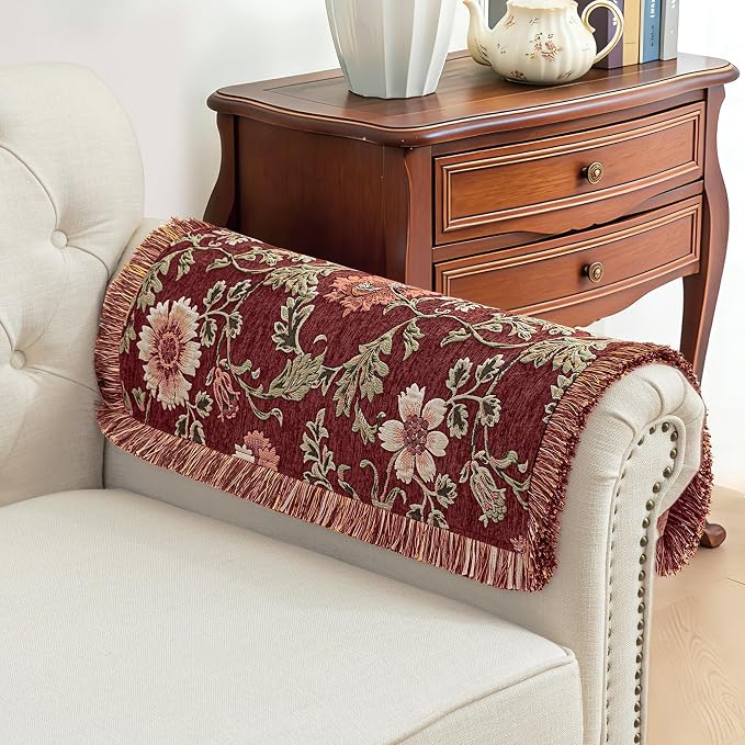 Loom and Mill Vintage Chenille Sofa Arm Covers 2 PCS, Rust Red, 20x24in | Rustic Floral Jacquard Couch Armrest Cover with Fringe Trim, Non-Slip Furniture Protector for Chair Sofa Recliners Couch Dogs - Image 2